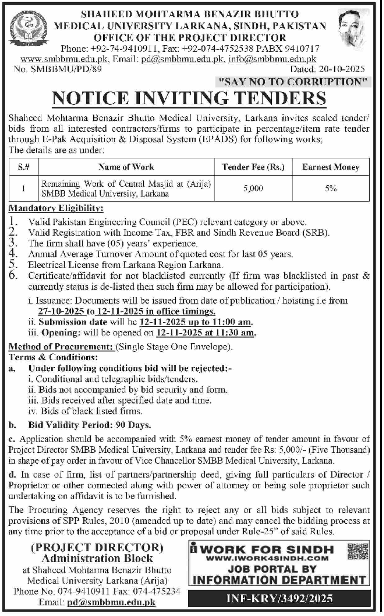 Shaheed Mohtarma Benazir Bhutto Medical University Larkana Tender Notice